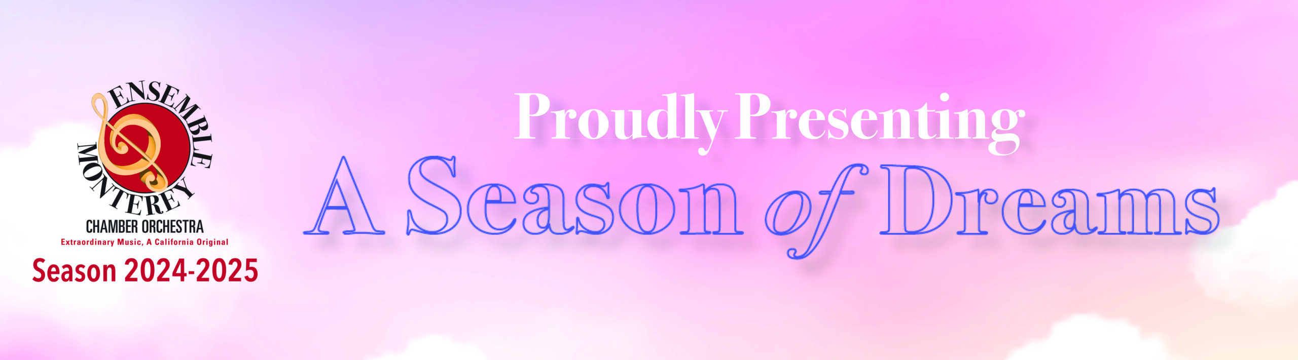 Prourdly presenting a season - title on a bed of pastel colored clouds